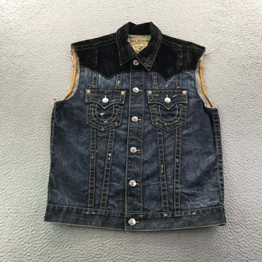True Religion Vest Mens L Blue Jean Snap Denim Distressed Faded Jacket Corduroy